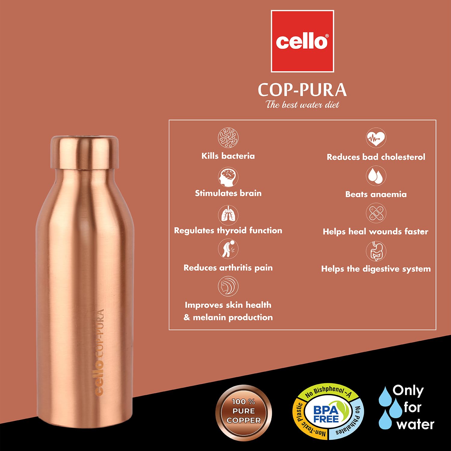 Cello Cop-pura Moksha Copper Bottle | 750 ml