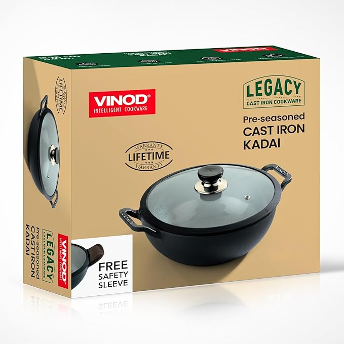 Vinod Legacy Pre Seasoned Cast Iron Kadai with Glass Lid - 3.3 Litre, 24 cm | Naturally Non Stick Kadhai for Cooking