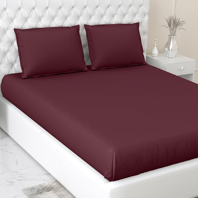 Haus & kinder Cotton Elastic Fitted Bedsheet King Size 2 Pillow Covers colour Wine
