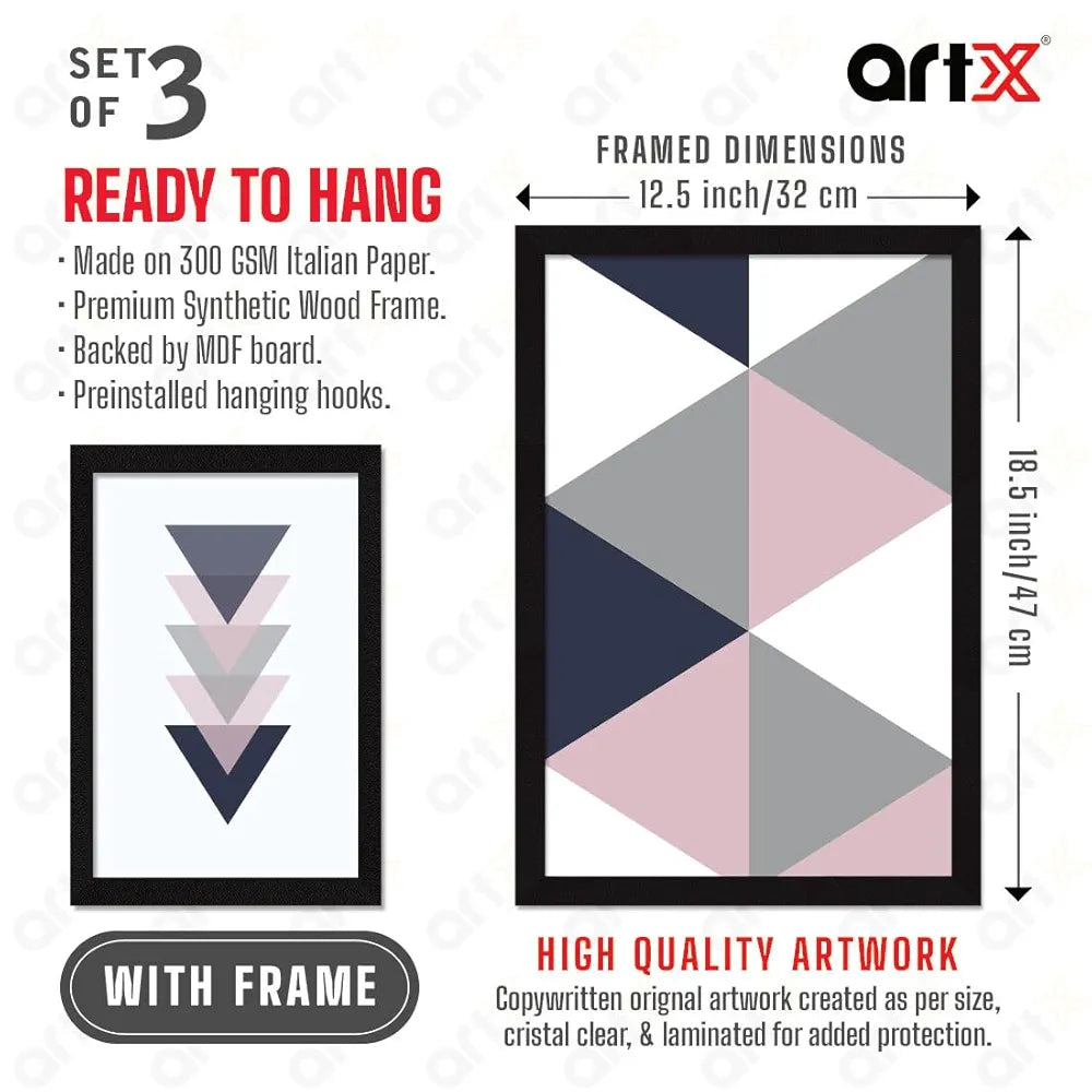 ArtX Paper Aesthetic Geometric Patterns Wall Painting Big Size Framed Painting Set Of 3