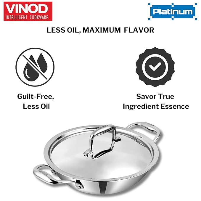 Vinod Sas Pro Platinum Stainless Steel Non Stick Extra Deep Kadai With Lid- 2.4 Litre, 22cm | Hexa Design Triply Kadhai | Ceramic Coating | Induction Base