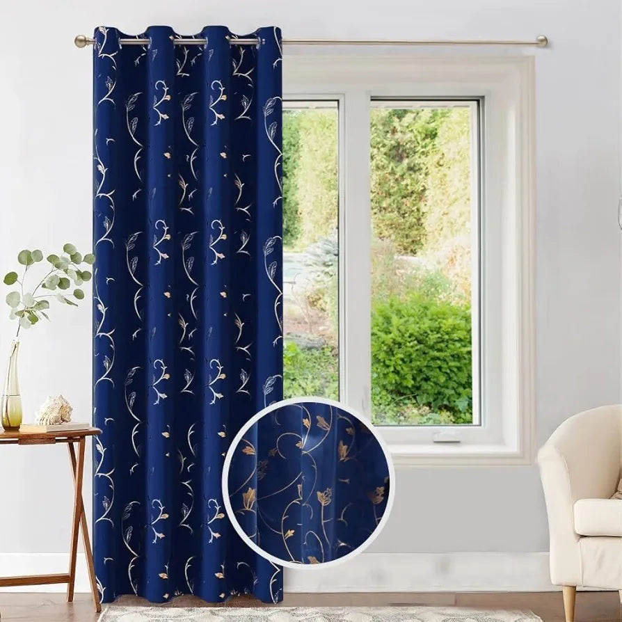 Urban Space Pure Blackout Opaque Curtains For Living Room, Gold Foil Printed Luxurious Blackout Opaque Curtains Eyelet With Tieback, 1 Piece Pack, Vine Navy Blue