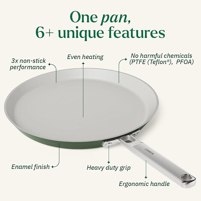 Ember Cookware Arcilla Ceramic Non Stick Dosa Tawa 28cm | Stainless Steel Handle | Green