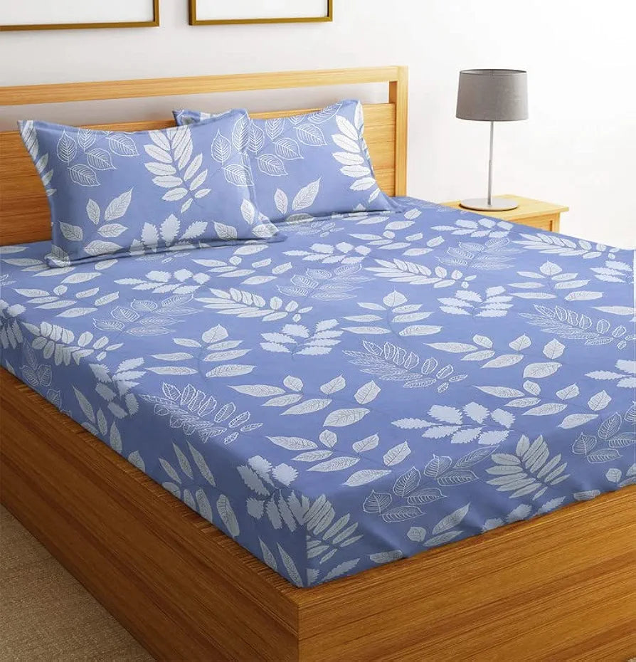 BSB HOME Prime Collections 160tc Pure Microfiber Glace Cotton Double Bedsheet with 2 King Size Pillow Covers Royal Blue White Leaf