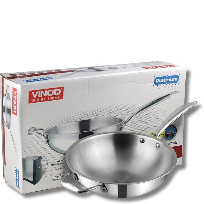 Vinod Platinum Triply Stainless Steel Wok - 3 Litre, 26 Cm | Riveted Handle | Stir, Shallow Fry | Noodles | Curry | Fried Rice | Induction Base