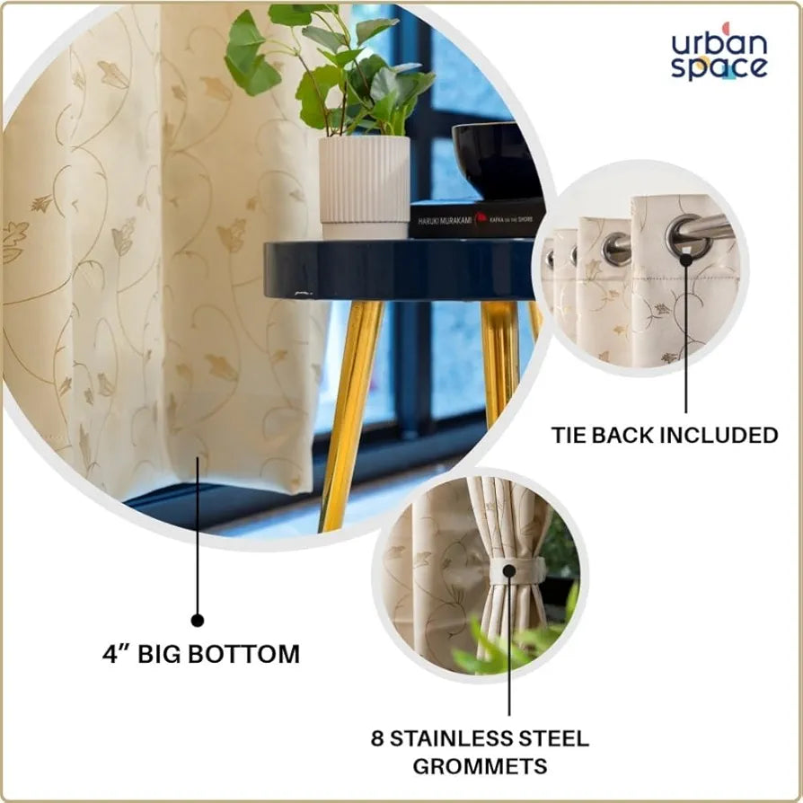 Urban Space Pure Blackout Opaque Curtains For Living Room Gold Foil Printed Luxurious Blackout Opaque Curtains 1 Piece Pack, Floral Vine Beige