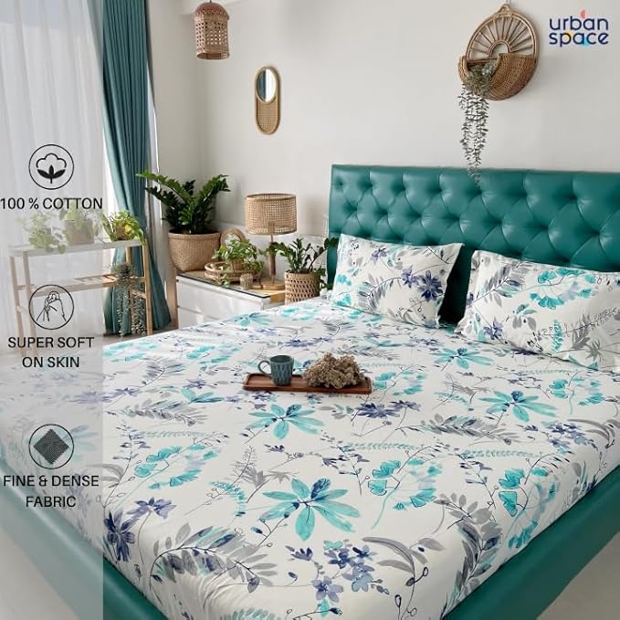 Urban Space Serene Cotton Bedsheet for Double Bed 2 Pillow Covers (Floral Feast Turquoise Blue)
