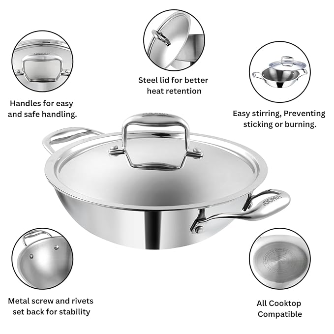 Vinod Platinum Triply Stainless Steel Kadai with lid 3.7 Litre (28 cm) | 2.5mm Thick | 3 Layer Stainless Steel Cookware