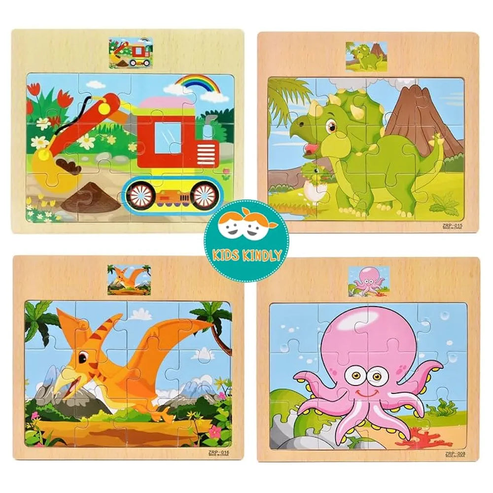 KIDS KINDLY Wooden 12 Piece Jigsaw Puzzle for Kids, Animals & Vehicle Theme Game, Promotes Fine Motor Skills, Improve Hand-Eye Coordination, Puzzle Game for Kids - 3 Years+  Random Design