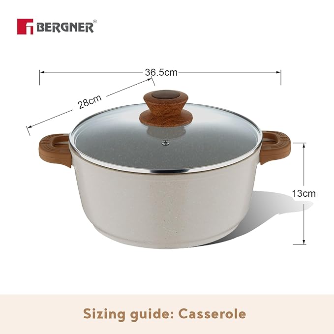 Bergner Naturally Die Cast Nonstick 28 Cm Casserole With Glass Lid | 5.5 Litres