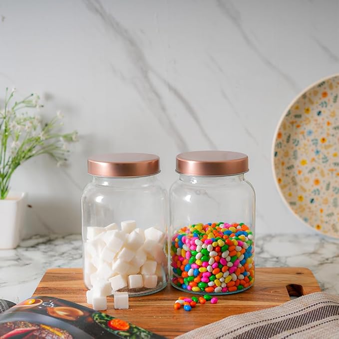 Femora Kitchen Storage Jars Clear Glass Jar With Steel Lid Air Tight Jar | 1000 Ml | Pack of 1 | Golden Lid