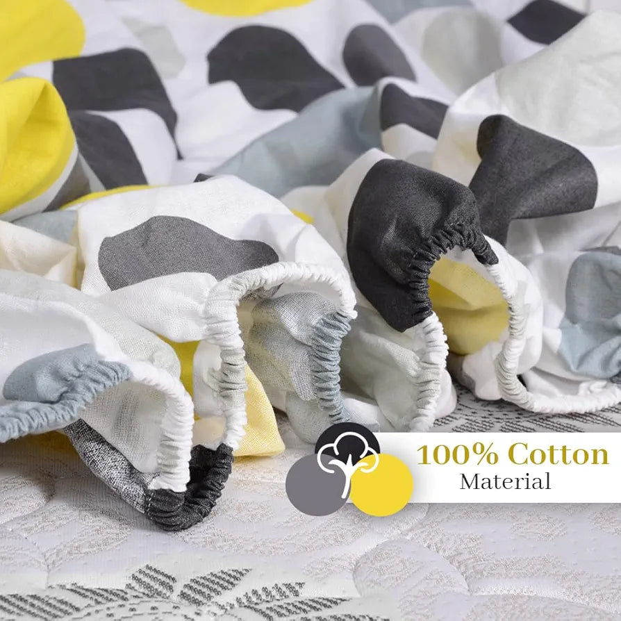 Divine Casa 100% Cotton 144 TC Cotton Elastic Fitted Bedsheets Double Size with 2 Pillow Covers Colour Yellow Gray