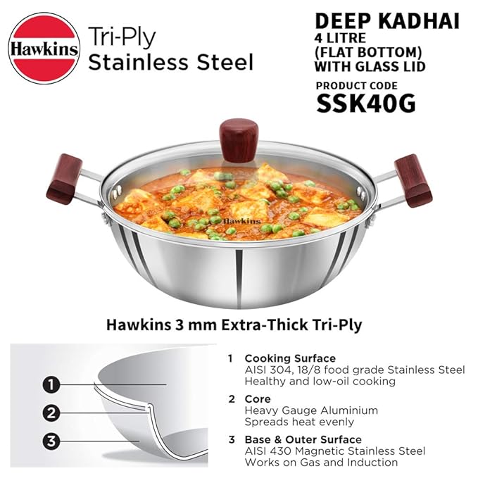 Hawkins 4 Litre Deep Kadhai Triply Stainless Steel Kadai with Glass Lid