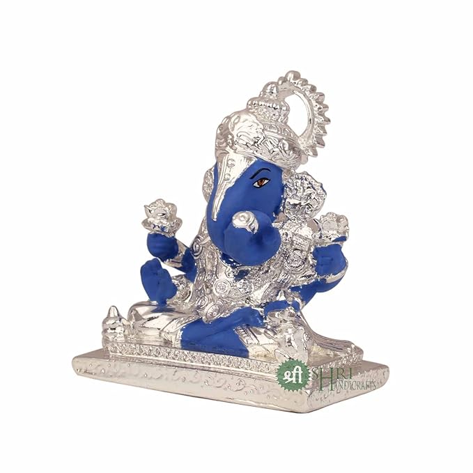 Indicast Lord Ganesha Idol Silver Plated Murti for Good Luck & Success Figurine for Office Home Decor & Gifts | Blue