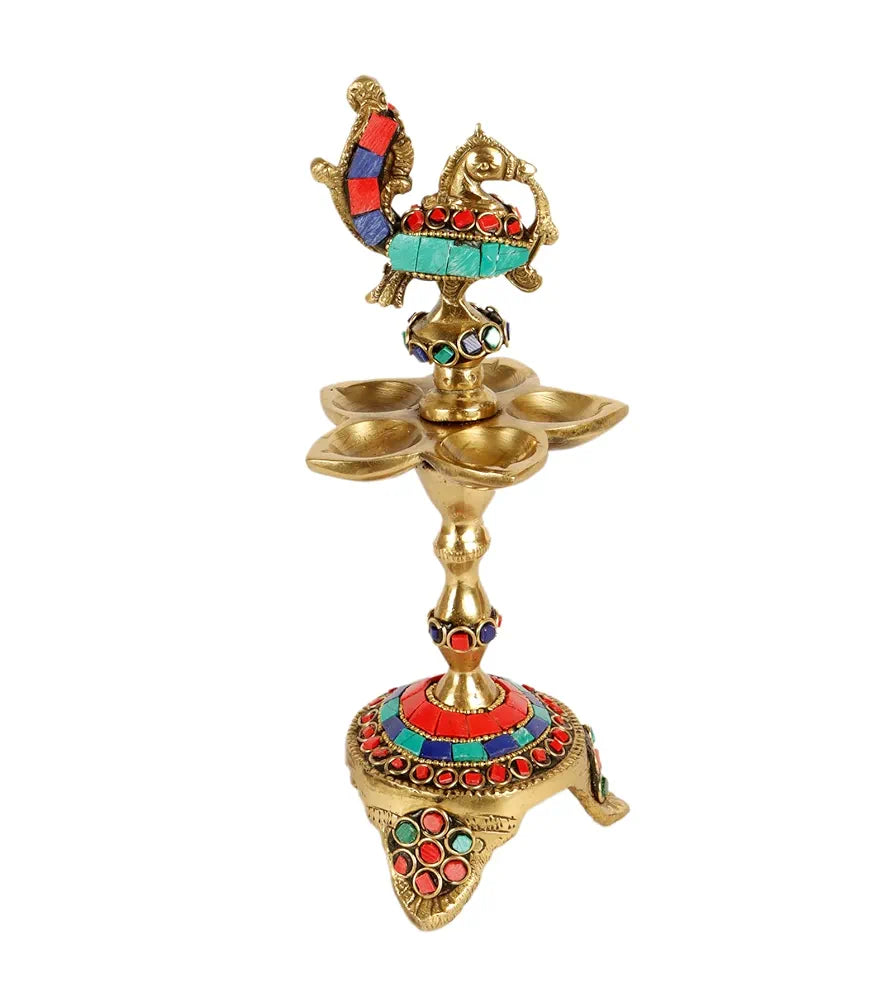 Two Moustaches Gemstone Work Peacock Over Ethnic Carved Legs Five Oil Wick Brass Diya