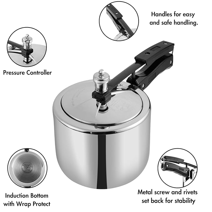 Vinod Straight Platinum Triply Stainless Steel Inner Lid Pressure Cooker - 3 Litres | SAS Bottom | Induction Ready