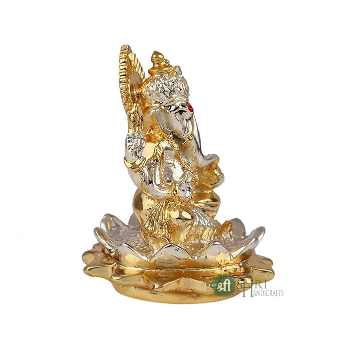 Indicast Gold & Silver Plated Ganesha Idol Murti Sitting on Lotus Kamal Home Decor and Gifts