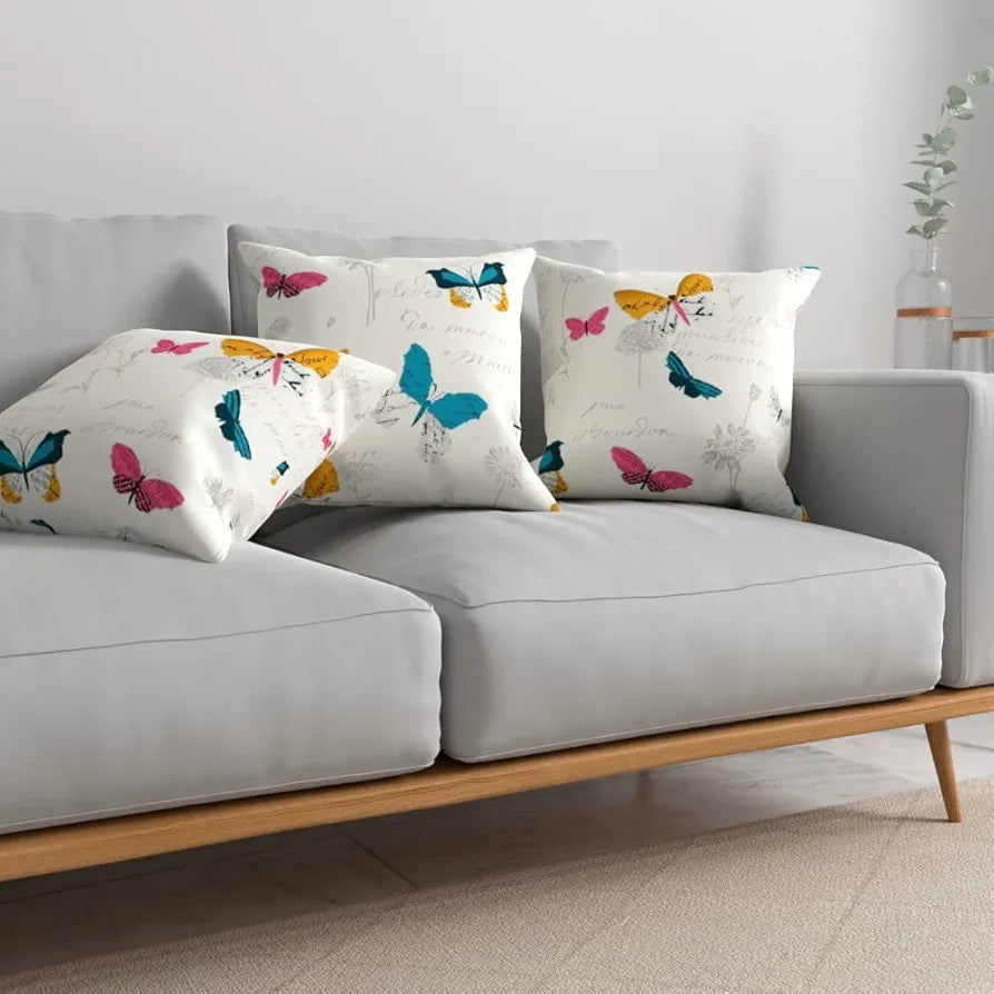 Urban Space Decorative Cotton Cushion Cover Set of 3 Cushion Covers for Sofa, Bedroom Butterfly Multicolor