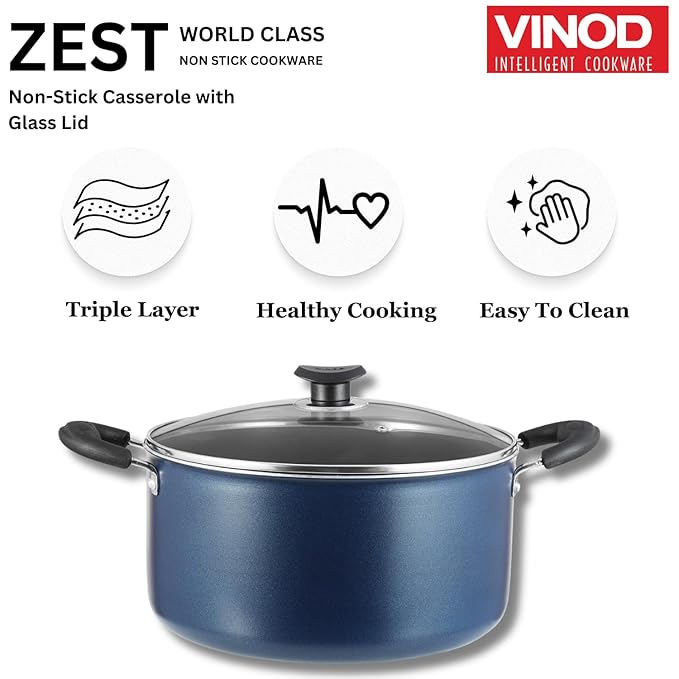 Vinod Zest Aluminium Non Stick Saucepot with Glass Lid - 3.1 Litre, 20 cm | 3 mm Extra Thick | 3 Layer Coating