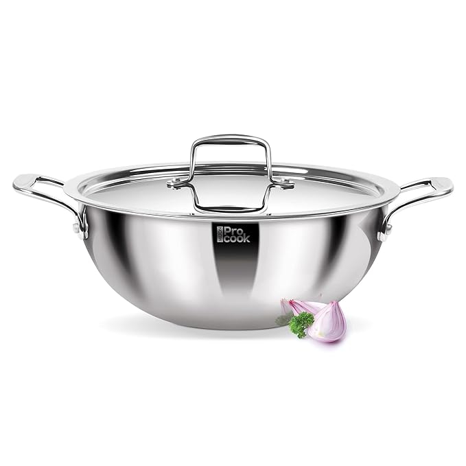Milton Pro Cook Triply Deep Stainless Steel 24 Cm Kadai With Lid, 3.6 Litres - 2256 gms