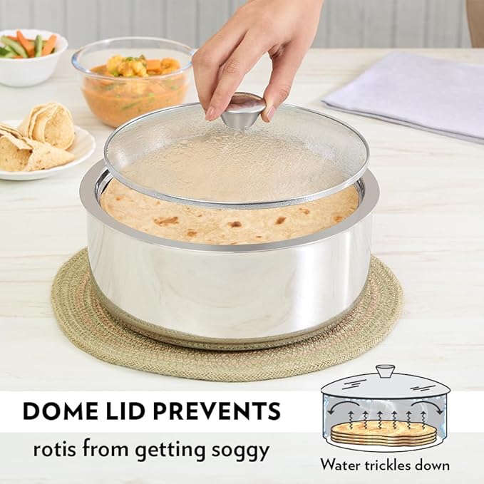 Borosil 2.5 L Stainless Steel Insulated Roti Server | Odur Proof, Food Grade, Toughned Glass Lid, Puf Insulated | Chapati Casserole