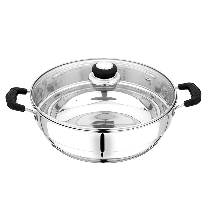 Pristine Stainless Steel Try Ply Induction Base Multi-Purpose Kadai with Lid and 5 Plates 2 Idli Plates 2 Dhoklas Patra Plates