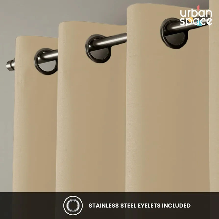 Urban Space Blackout Curtains for Window 5 Feet Set of 2, Thermal Insulated Curtains with Eyelets and Tiebacks, Solid Curtain Soft Beige Colour