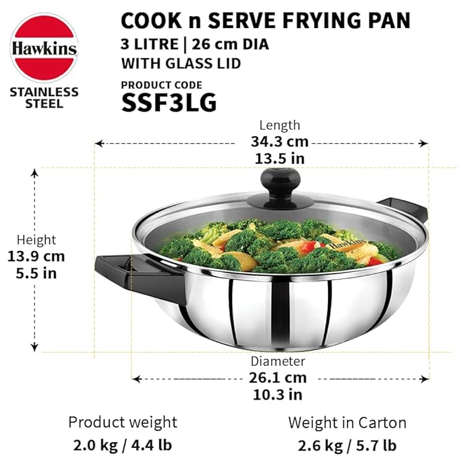 Hawkins 3 Litre Cook n Serve Frying Pan Stainless Steel Fry Pan with Glass Lid