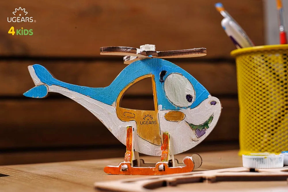 UGEARS Helicopter - 3D Wooden Jigsaw Puzzle - Coloring Kit - STEAM Learning Brain Game for Kids, Ages 5+, 8 Pieces