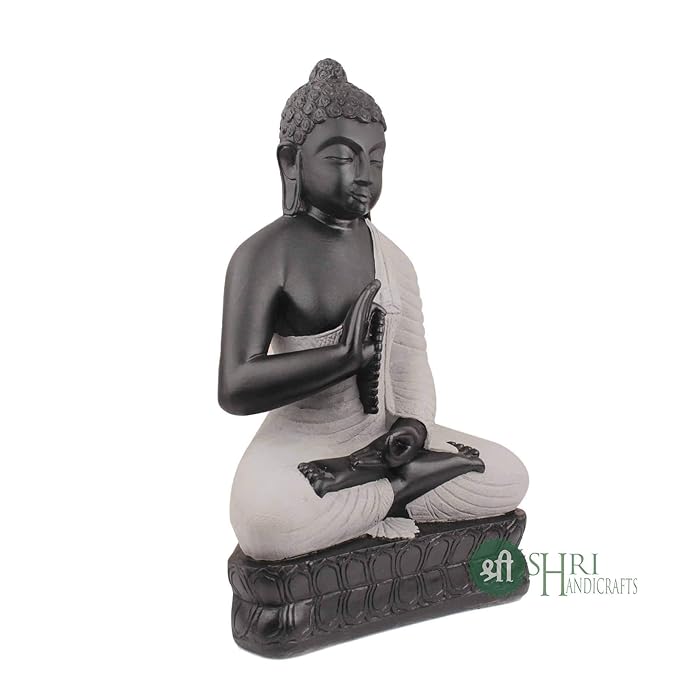 Indicast Polyresin Meditating Monk Buddha Idol for Home Decoration | Black, Off White