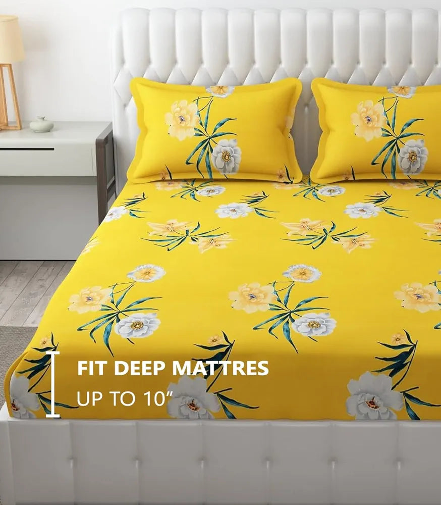 Fresh From Loom King Size Soft Glace Cotton Fitted Floral Bedsheet With Two Pillow Cover Elastic Fitted Bed Sheets Peach Yellow 144 TC