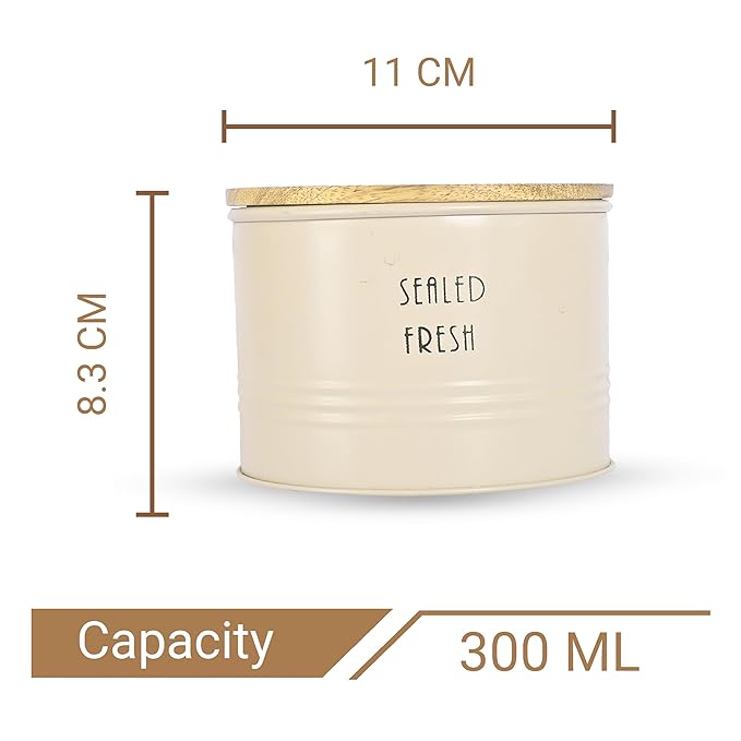 Femora Kitchen Storage Jars Tin Jar With Wooden Lid Air Tight Jar | 300 Ml | Pack of 2