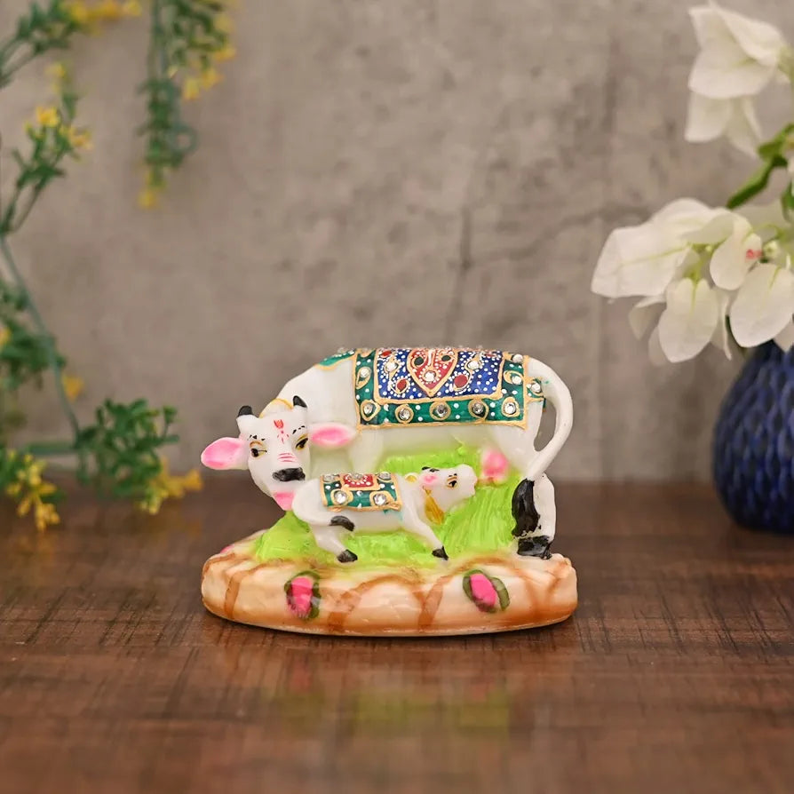 Jaipur Ace Decorative Polystone Cow and Calf Statue/idol for Gift Home Decor 8 Inch COW-MILK-04