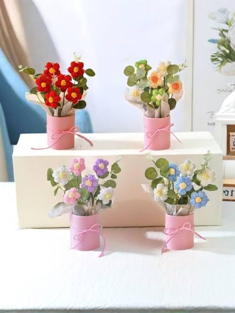 Artificial Crochet Flower Bouquet/artificial Flowers Bunch Blue Daisy Bouquet