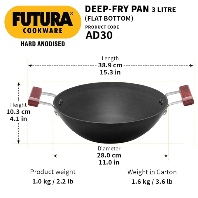 Hawkins Futura 3 Litre Deep Fry Pan Hard Anodised Kadai Flat Bottom Kadhai
