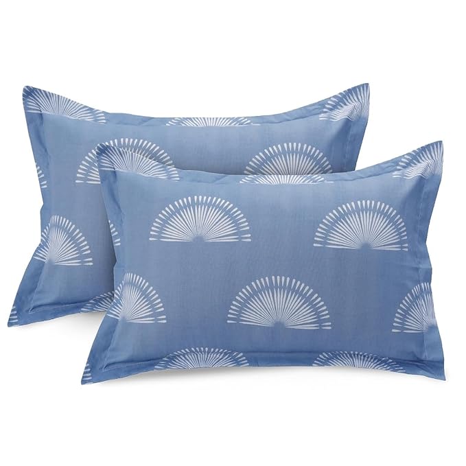 Huesland by Ahmedabad Cotton 144 TC Bedsheet for King Size Bed with 2 Pillow Covers | Sunrise | White & Powder Blue
