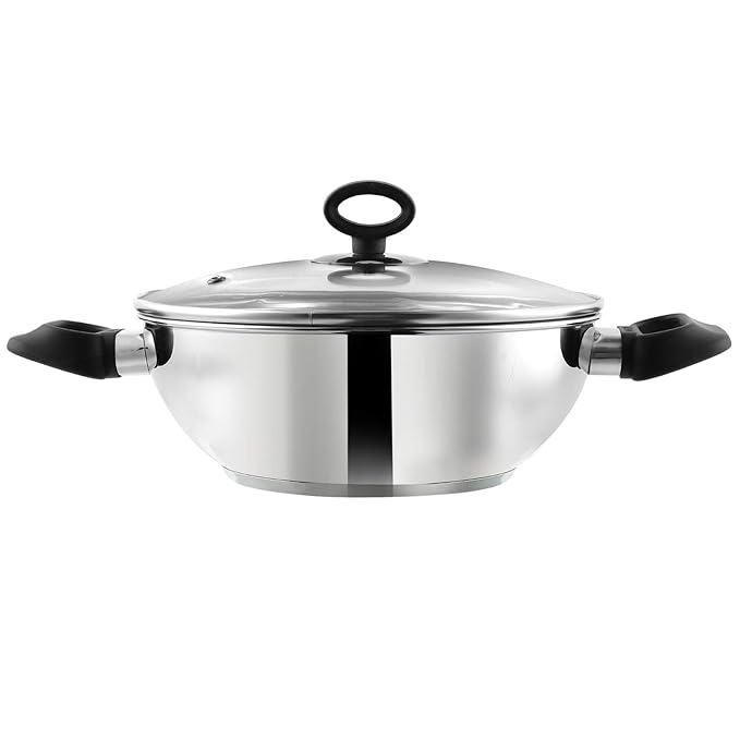 Vinod Stainless Steel Deluxe Kadhai with Glass Lid - 2.8 litre, 24cm | Extra Thick, SAS Bottom | Soft Handle | Kadai for Cooking