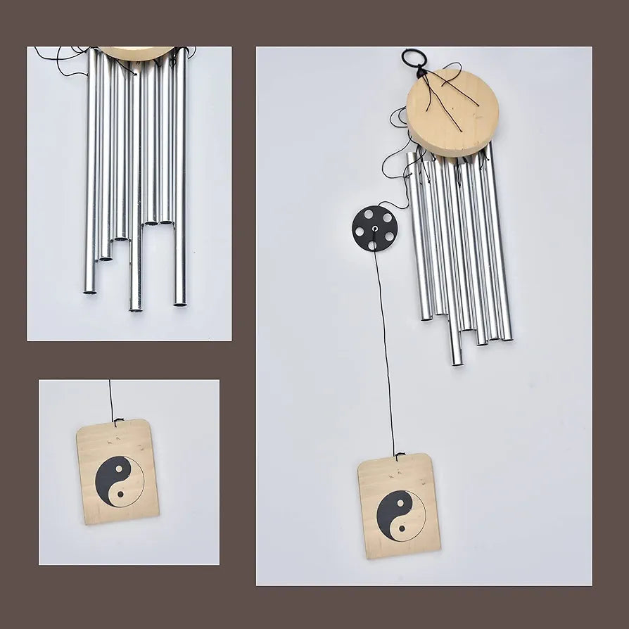 Lilone Wood Aluminum 7 Pipe Silver Wind Chimes Sweet Sound 24 Inch Long