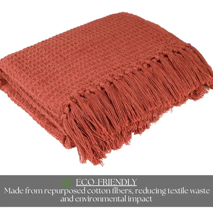 Homadorn Waffle Weave Cotton Throw Blanket Colour Rust