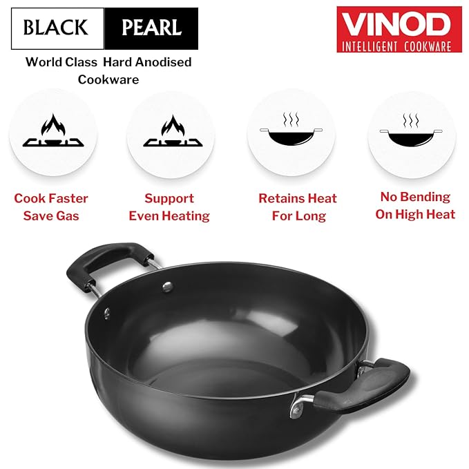 Vinod Black Pearl Hard Anodised Deep Kadai 1.6 litres Capacity (18 cm Diameter), with Riveted Sturdy Handles - 3.25 mm Thickness