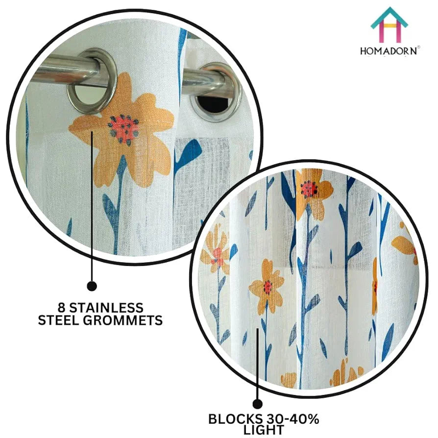 Homadorn Linen Sheer Printed Semi Transparent Curtains for Window Set of 2 Colour Yellow Sunshine