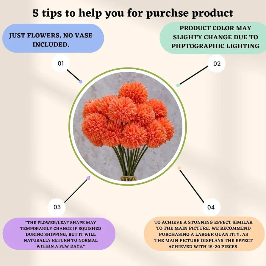 Artificial Chrysanthemum Hydrangea Ball Flower Sticks Orange