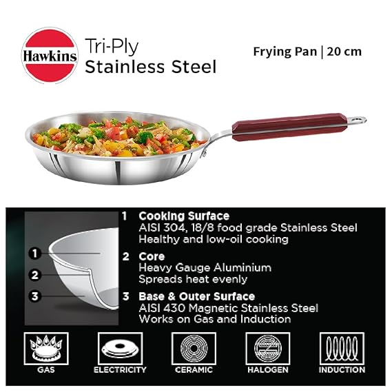 Hawkins 20 cm Frying Pan Triply Stainless Steel Fry Pan Induction Frying Pan