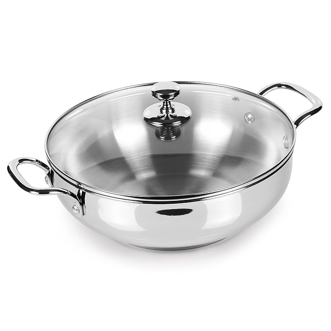 Milton Pro Cook Stainless Steel Sandwich Bottom Kadhai with Glass Lid, 26 cm / 3.51 litres - 1520 gms