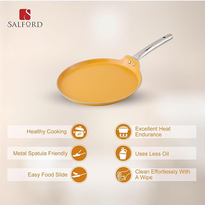 Salford Forged Ceramic Non-stick Tava With Tubular Ss Handle | Induction & Gas Ready | Mustard Yellow - 280mm