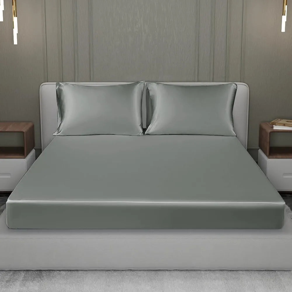 Cloth Fusion Satin Elastic Fitted Bedsheets Double Bed Luxury Queen Size with 2 Pillow Covers H603 280 TC Silver