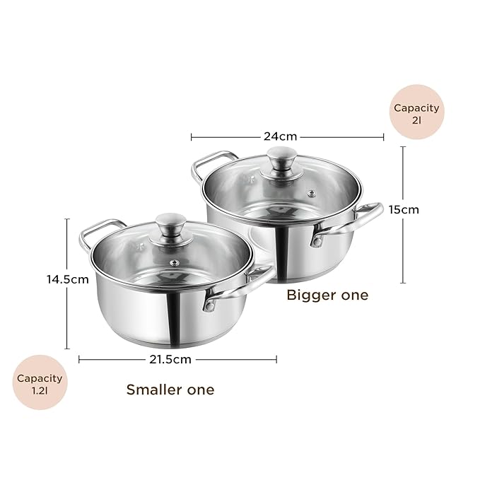 Vinod Mainz Stainless Steel Cookware set of 2 | 1.2 and 2 Litre Saucepot with Glass Lid | SAS Bottom | Biryani Pot