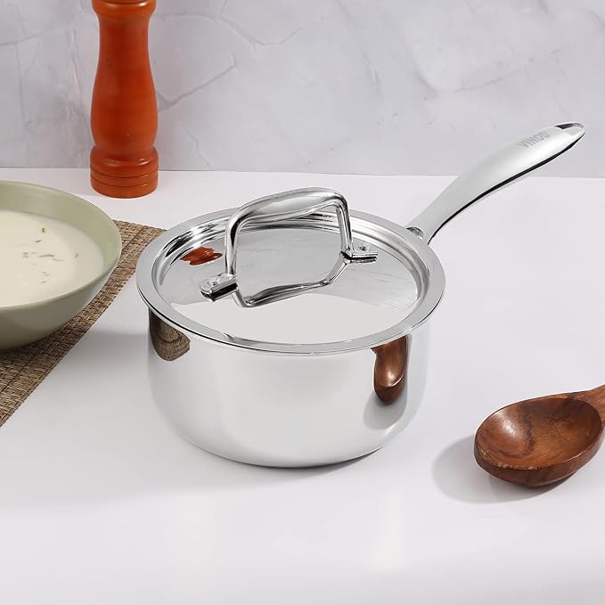 Vinod Platinum Triply Stainless Steel Saucepan with Lid - 2.2 litres (18 cm) | 2.5 mm Thick | Tea, Chai Pan