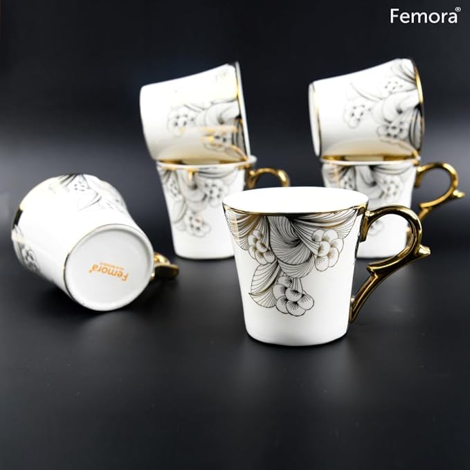 Femora Gold Wild Shroom Tea Mugs, Ceramic Tea Cups, Coffee Mugs | 160 Ml | 6 Pcs Set | Not Microwave Safe