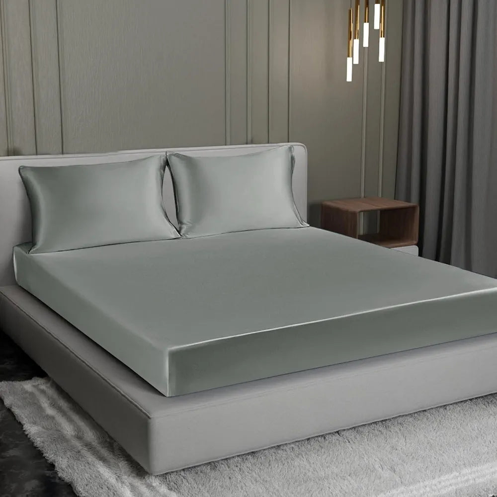 Cloth Fusion Satin Elastic Fitted Bedsheet for Double Bed King Size with 2 Pillow Covers H603 280 TC Silver